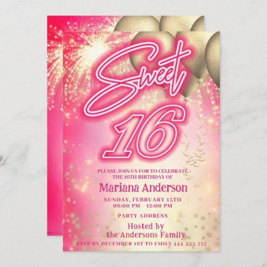 Cooles, lustig heißrosa Goldballon Funkfeuer Einladung (Vorne/Hinten)