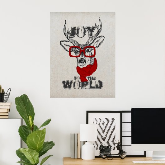 Cooles, lustiges Hirschskizze "Joy to World" Zitat Poster (Heimbüro)