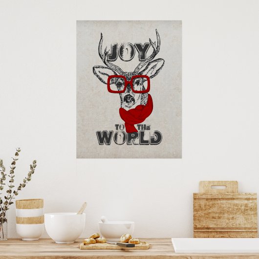 Cooles, lustiges Hirschskizze "Joy to World" Zitat Poster (Küche)