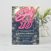 Cooles, lustiges, rosa Neongoldballon funkelndes F Einladung (Stehend Vorderseite)