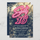 Cooles, lustiges, rosa Neongoldballon funkelndes F Einladung (Vorne/Hinten)