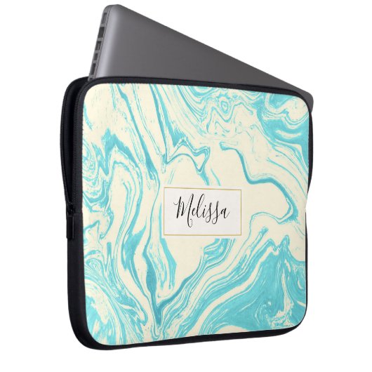 Cooles Marmordesign in Türkis und Creme Laptopschutzhülle (Vorne Rechts)