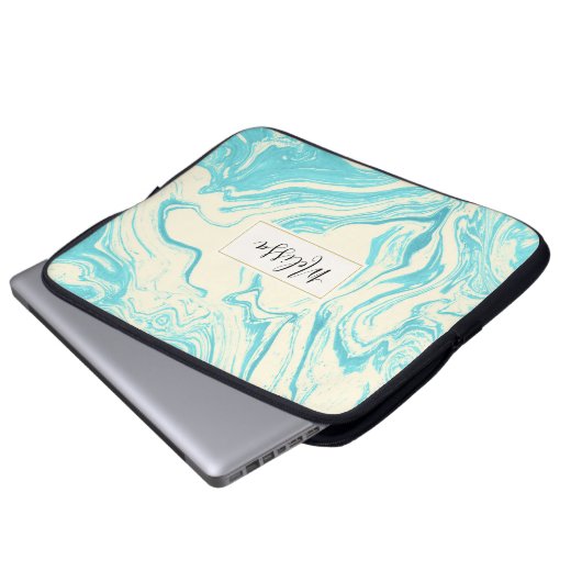 Cooles Marmordesign in Türkis und Creme Laptopschutzhülle (Vorne Knopf)