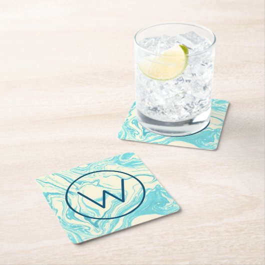 Cooles Marmordesign in Türkis und Creme Monogramm Rechteckiger Pappuntersetzer (Vor Ort)