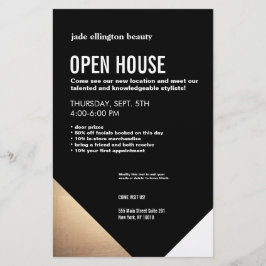 Cooles modernes Schwarz-Gold-Friseur-Open House Flyer