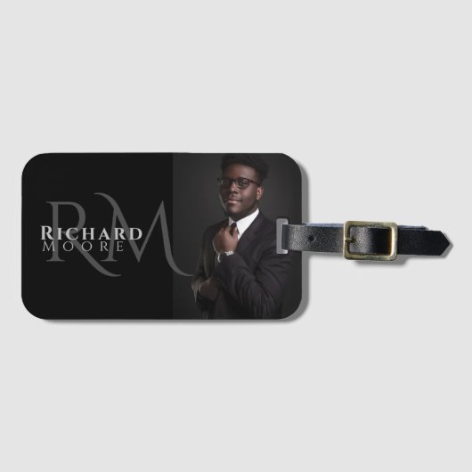 Cooles modernes Schwarz-Weiß-Foto Mit Monogramm Gepäckanhänger (Vorderseite (Horizontal))