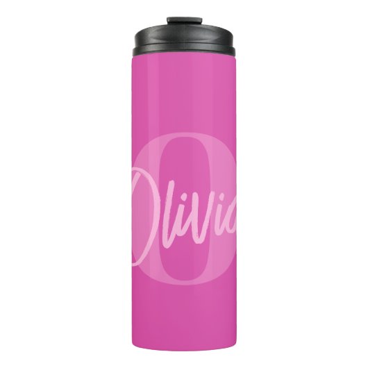 Cooles Monochrome Pink Trendy Script Monogram Thermosbecher (Vorderseite)