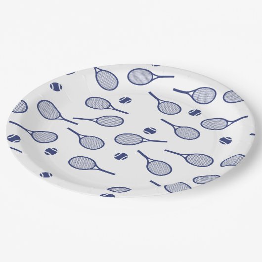 Cooles Navy-Retro-Tennis-Racquets-Muster Pappteller (Schrägansicht)