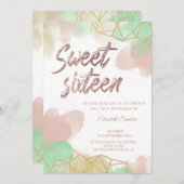 Cooles Neomint-Erröten-Aquarellgold geometrisch Einladung (Vorne/Hinten)