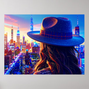 Cooles NYC-Mädchen in Fedora-Nachtlandschaftsgebäu Poster