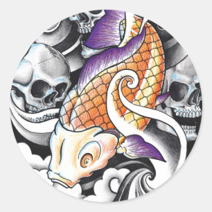 Cooles Oriental Koi Carp Skull-Tattoo Runder Aufkleber