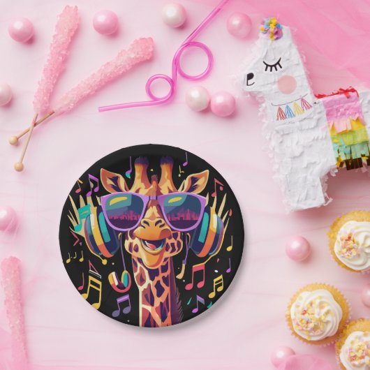 Cooles Party Giraffe mit Kopfhörern Pappteller (Party)