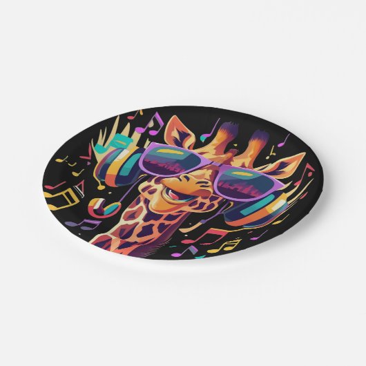 Cooles Party Giraffe mit Kopfhörern Pappteller (Schrägansicht)