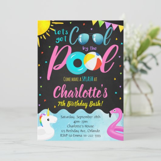 Cooles Party Schwimmbad Geburtstag Einladung (Stehend Vorderseite)