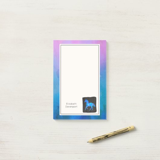 Cooles Pferd in Blauen Wasserfarben Personalisiert Post-it Klebezettel (Auf Schreibtisch)