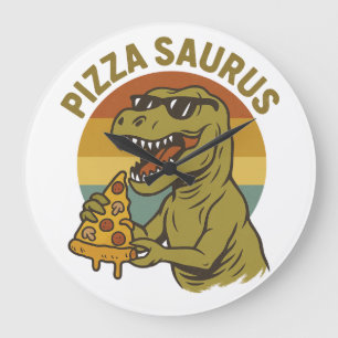Cooles Pizza-Dino im Retro-Stil Große Wanduhr