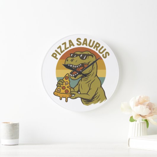 Cooles Pizza-Dino im Retro-Stil Große Wanduhr (Zuhause)