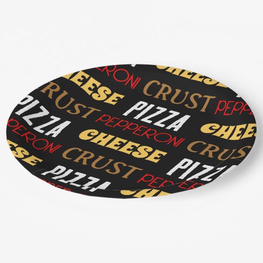 Cooles Pizza Pepperoni-Käsekrste-Textmuster Pappteller (Schrägansicht)