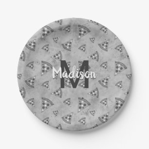 Cooles Pizzastück Vintage Schwarz Weiß Grau Monogr Pappteller