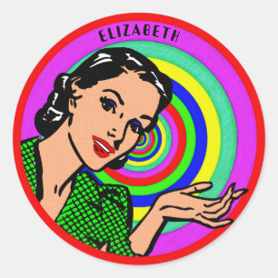 Cooles Retro-Pop-Art-Mädchen in Farbkreisen Runder Aufkleber