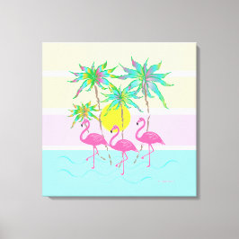 Cooles rosa Flamingos Sonne und Palmen Bäume Wine Leinwanddruck