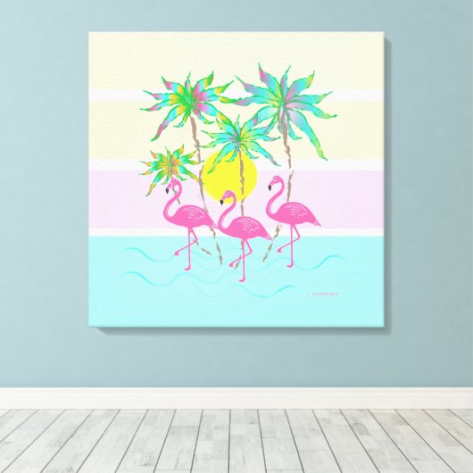 Cooles rosa Flamingos Sonne und Palmen Bäume Wine Leinwanddruck (Insitu (Holzboden))