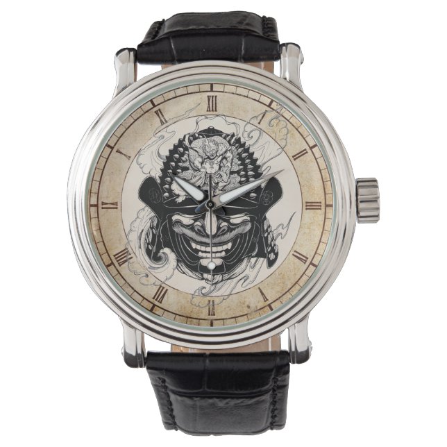 Cooles Samurai-Dämon-Helmmaske-Tattoo Armbanduhr (Vorderseite)