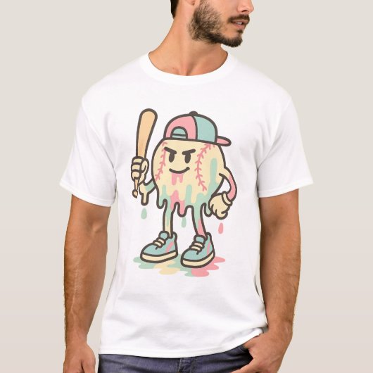 Cooles Schmelzen Baseball Maskottchen mit Bat Funn T-Shirt (Vorderseite)