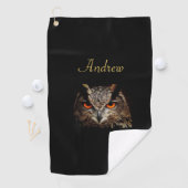 Cooles Schwarz und Gold Fierce Owl Golfhandtuch (Insitu)