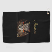 Cooles Schwarz und Gold Fierce Owl Golfhandtuch (Horizontal)