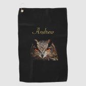Cooles Schwarz und Gold Fierce Owl Golfhandtuch (Vorderseite)