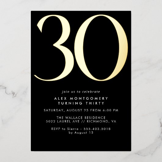 Cooles Schwarz und Gold | Frauen oder Männer 30. G Folieneinladung (Vorderseite)