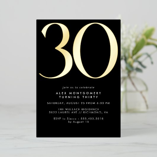 Cooles Schwarz und Gold | Frauen oder Männer 30. G Folieneinladung (Stehend vorne)