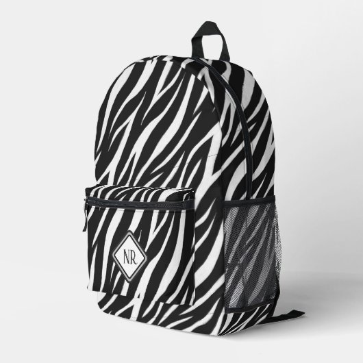 Cooles Schwarz-Weiß-Muster Zebra Print Monogram Bedruckter Rucksack (Rückseitige Ecke Rechts)