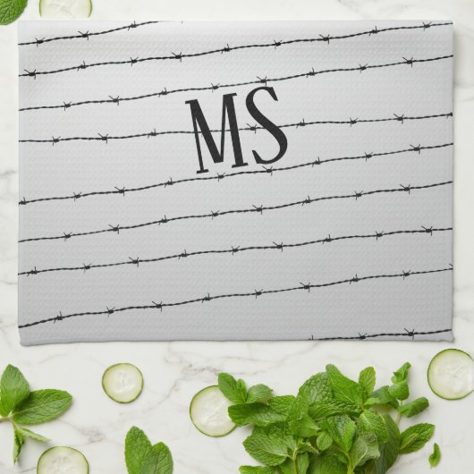 Cooles schwarz-weißes Stacheldraht Monogram Geschirrtuch (Gefaltet)