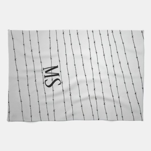 Cooles schwarz-weißes Stacheldraht Monogram Geschirrtuch (Horizontal)