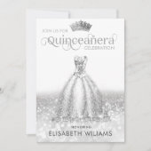 Cooles Silberglatter Kleid tiara Quinceañera Einladung (Vorderseite)