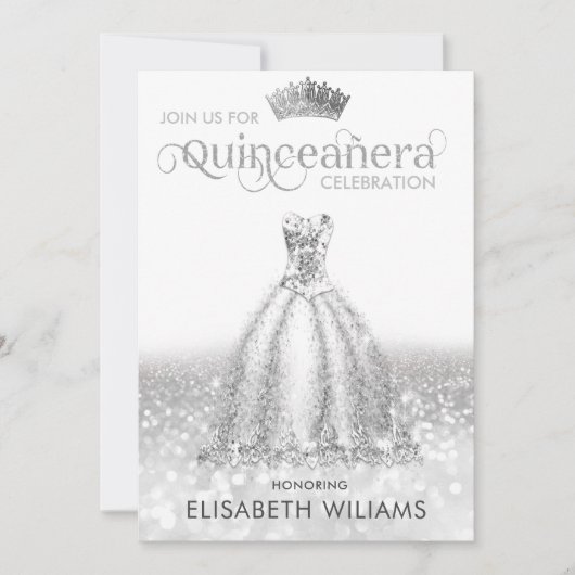 Cooles Silberglatter Kleid tiara Quinceañera Einladung (Vorderseite)