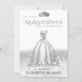Cooles Silberglatter Kleid tiara Quinceañera Einladung