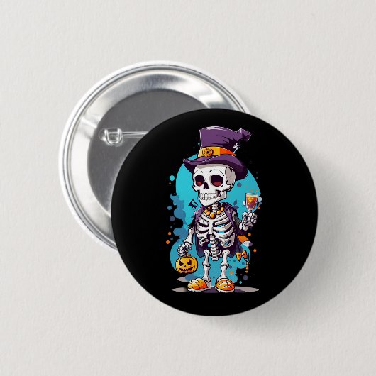 Cooles Skelett in einem Top Hat Halloween Button (Vorne & Hinten)