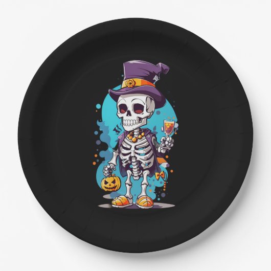 Cooles Skelett in einem Top Hat Halloween Pappteller (Vorderseite)