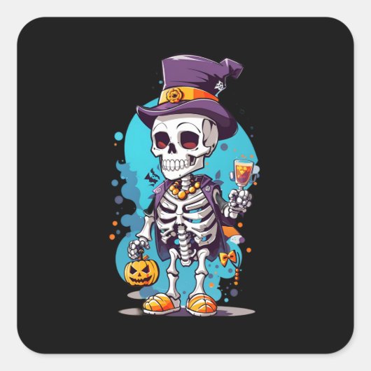 Cooles Skelett in einem Top Hat Halloween Quadratischer Aufkleber (Vorderseite)