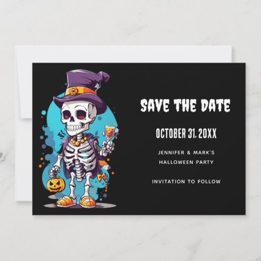 Cooles Skelett in einem Top Hat Halloween Save The Date (Vorderseite)