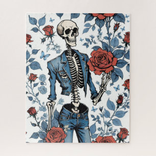 Cooles Skelett in Jean Jacket mit Rote Rosen Puzzle