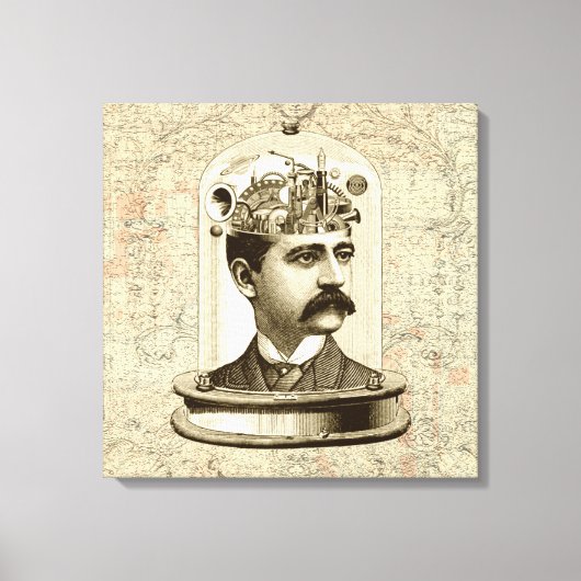 Cooles Steampunk Head Art Uhrwerk Gehirn in Glas Leinwanddruck (Vorderseite)