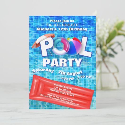 Cooles Summer Pool Party Schwimmen Wasserspass Einladung (Stehend Vorderseite)
