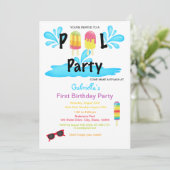 Cooles Summer Sun Splash Pool Party Erster Geburts Einladung (Stehend Vorderseite)