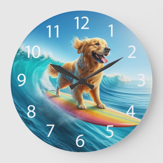 Cooles Surfen Goldener Retriever Große Wanduhr (Vorderseite)