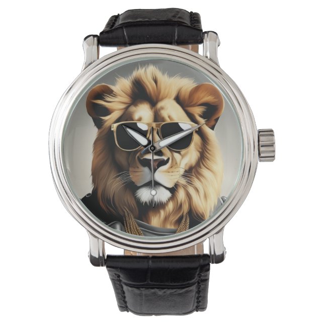 Cooles Tier mit Sonnenbrille und Lederjacke Armbanduhr (Vorderseite)
