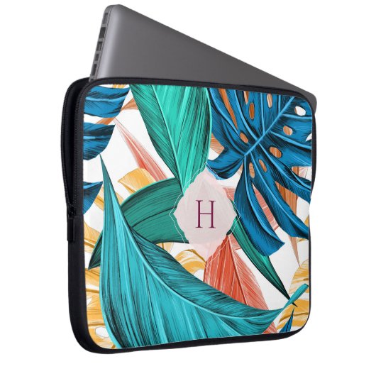 Cooles tropisches Muster mit Monogramm Laptop-Sieb Laptopschutzhülle (Vorne Rechts)